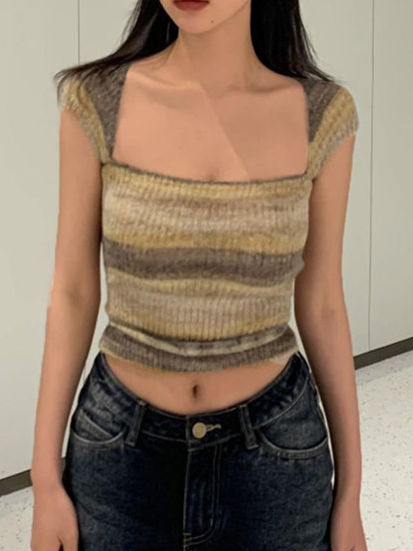 Contrast Color Stripped Square Neck Knit Top