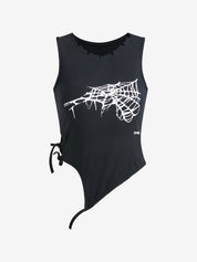 Spider Web Print Cutout Lace Up Tank Top