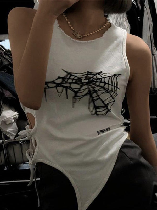 Spider Web Print Cutout Lace Up Tank Top
