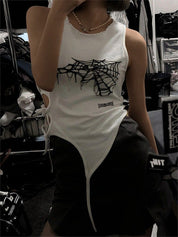 Spider Web Print Cutout Lace Up Tank Top