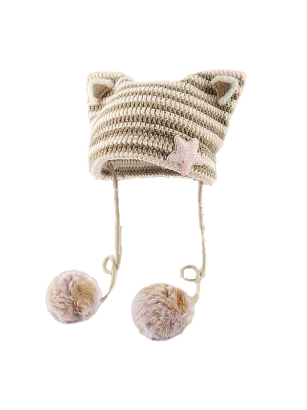 Cat Design Stripe Beanie Hat