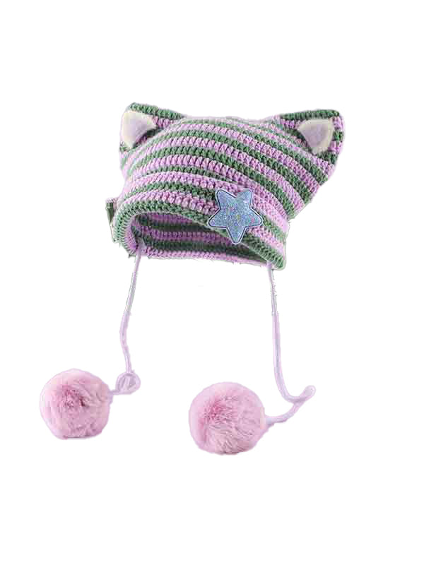 Cat Design Stripe Beanie Hat