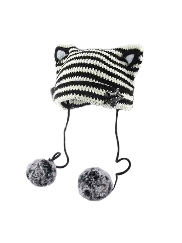 Cat Design Stripe Beanie Hat