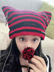 Stripe Cat Design Vintage Pendant Beanie Hat