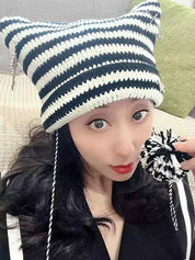 Stripe Cat Design Vintage Pendant Beanie Hat