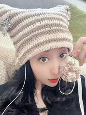 Stripe Cat Design Vintage Pendant Beanie Hat