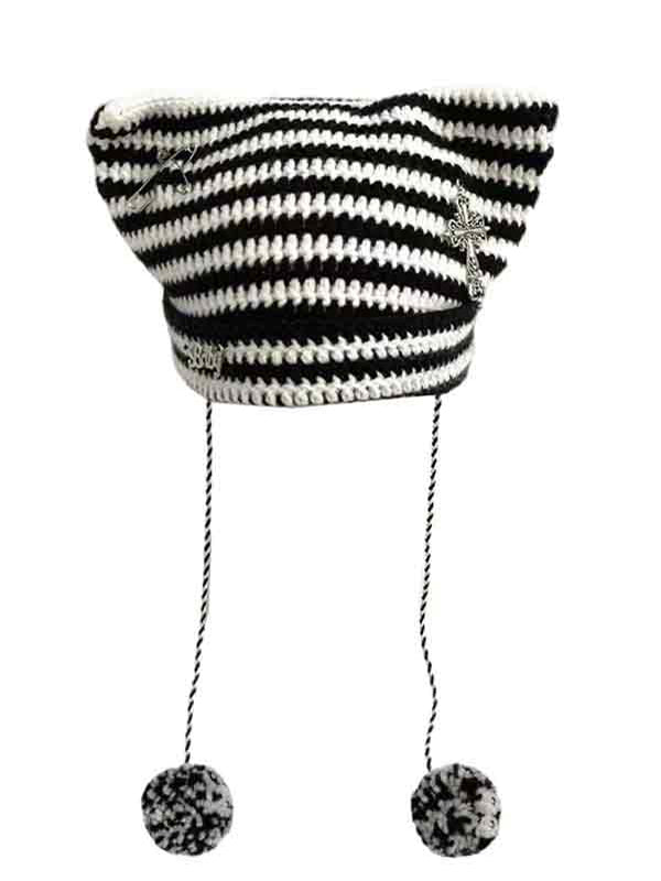 Stripe Cat Design Vintage Pendant Beanie Hat