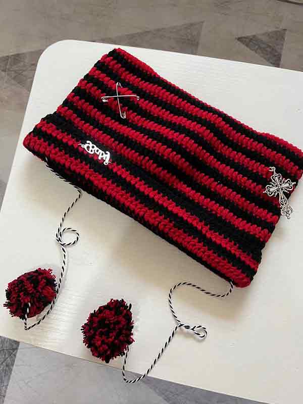 Stripe Cat Design Vintage Pendant Beanie Hat
