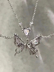 Double Layered Rhinestone Butterfly Pendant Necklace
