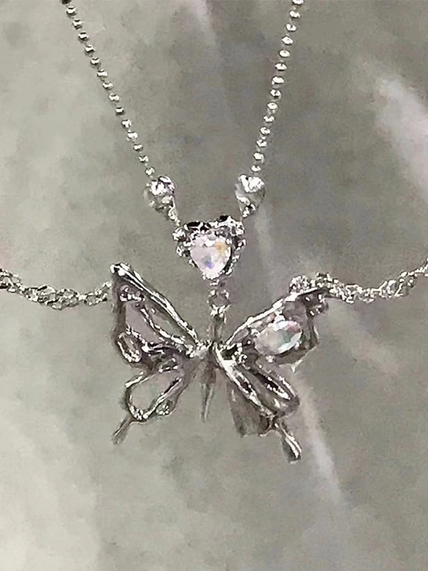 Double Layered Rhinestone Butterfly Pendant Necklace