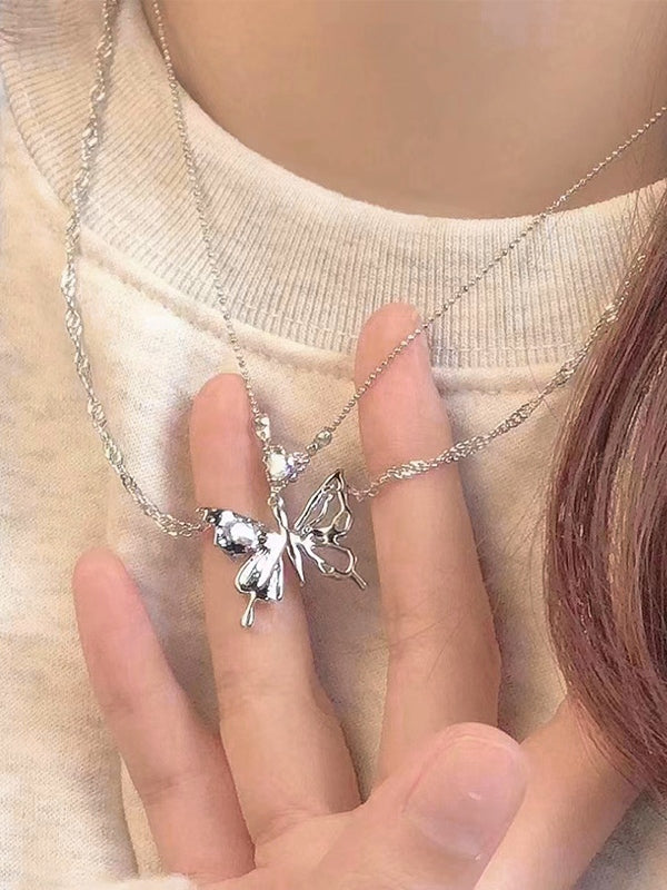 Double Layered Rhinestone Butterfly Pendant Necklace