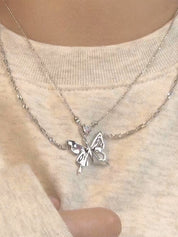 Double Layered Rhinestone Butterfly Pendant Necklace