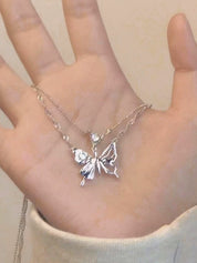 Double Layered Rhinestone Butterfly Pendant Necklace