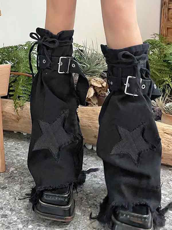 Star Embroidery Lace Up Flare Leg Warmer