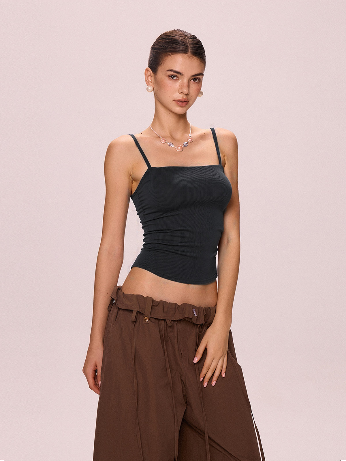 Solid Color Pleated Backless Slim Cami Top