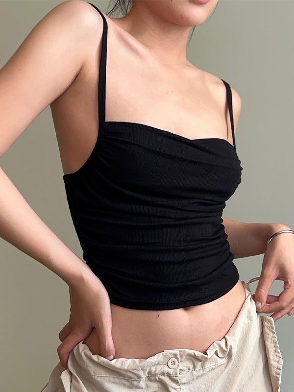 Solid Color Pleated Backless Slim Cami Top