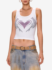 Heart Rhinestone U Neck Crop Tank Top