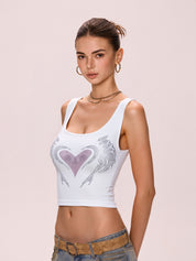 Heart Rhinestone U Neck Crop Tank Top