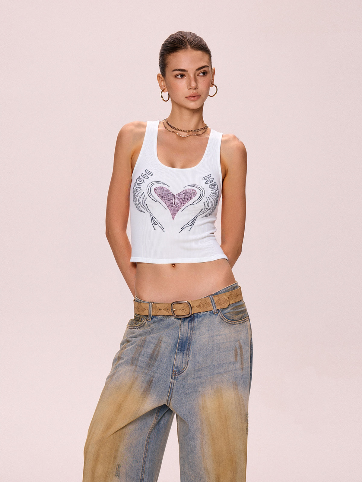 Heart Rhinestone U Neck Crop Tank Top