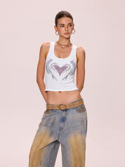 Heart Rhinestone U Neck Crop Tank Top