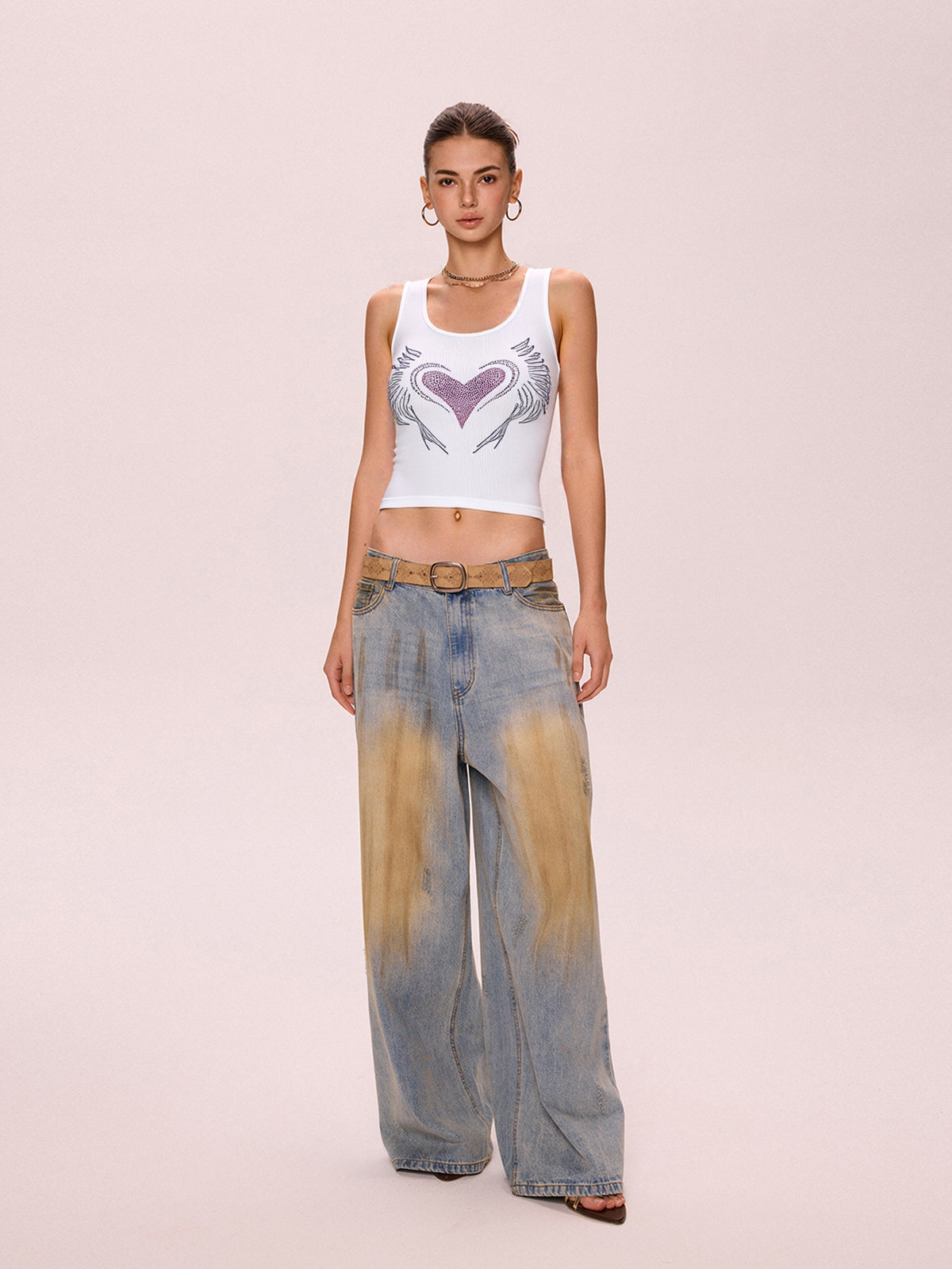 Heart Rhinestone U Neck Crop Tank Top