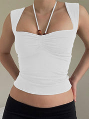 Solid Color Pleated Halter Tank Top