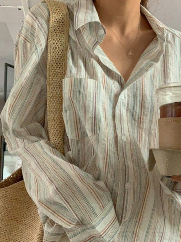 Colorful Stripe Print Button Up Long Sleeve Shirt