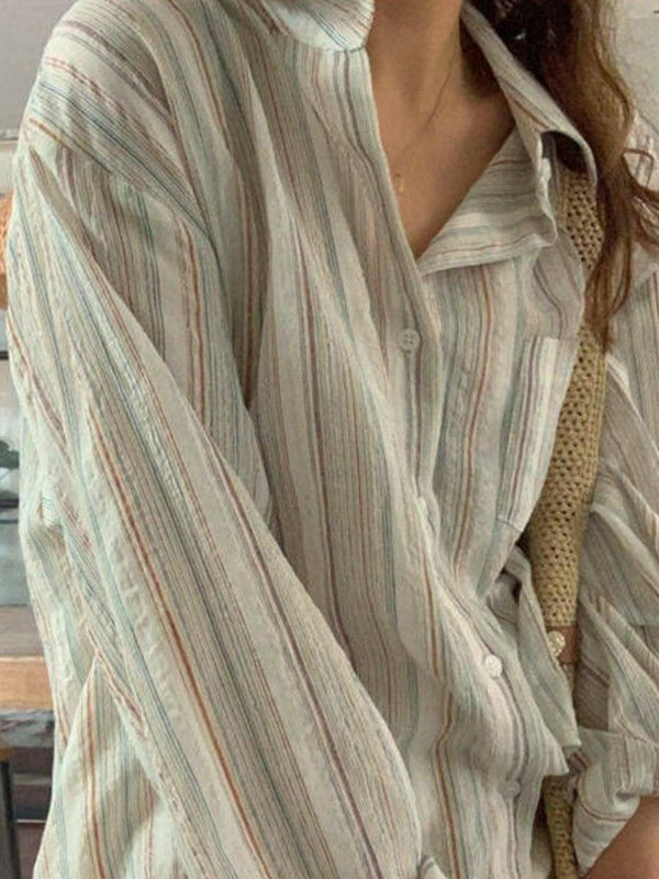 Colorful Stripe Print Button Up Long Sleeve Shirt