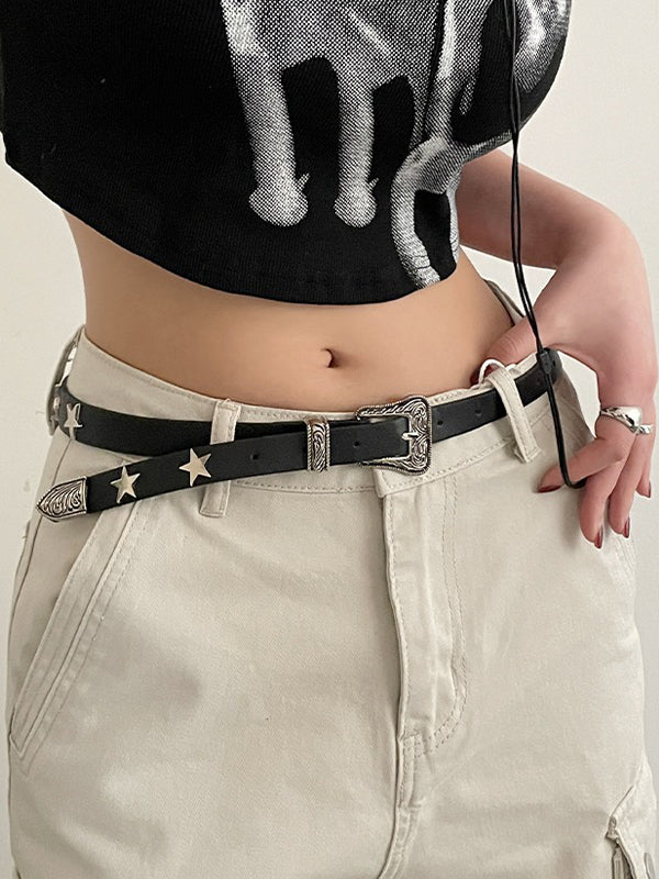 Engraved Design Metal Star Decor Buckle Belt