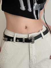 Engraved Design Metal Star Decor Buckle Belt