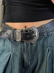 Vintage Engraved Crocodile Pattern Design Buckle Belt