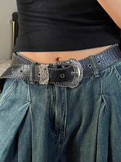 Vintage Engraved Crocodile Pattern Design Buckle Belt
