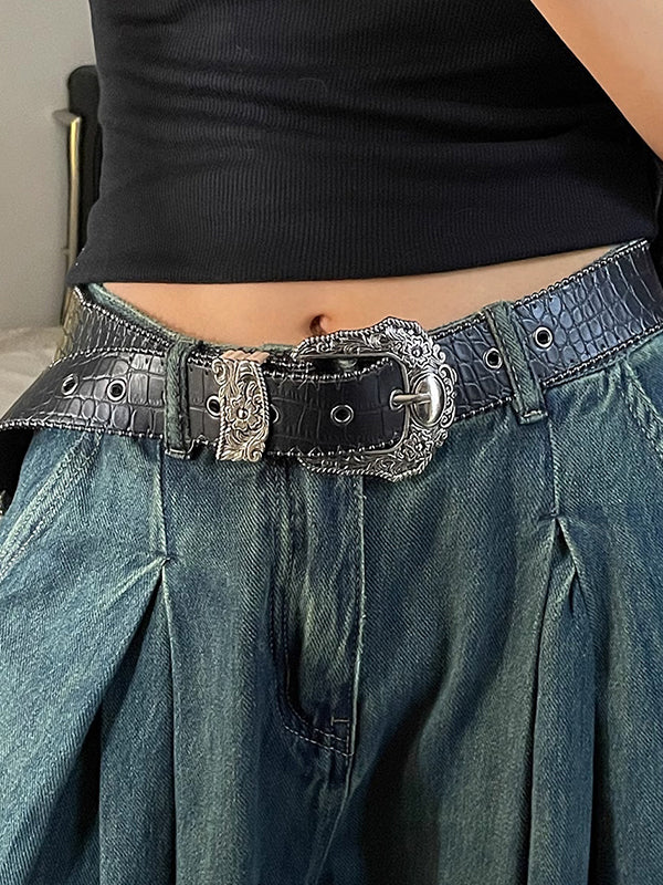 Vintage Engraved Crocodile Pattern Design Buckle Belt