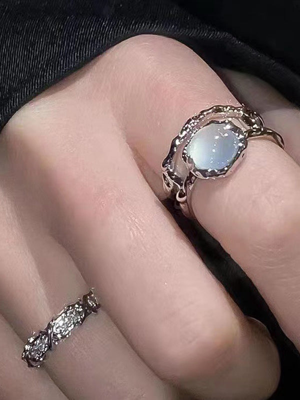 2pcs Fairycore Moonstone Diamond Cuff Ring