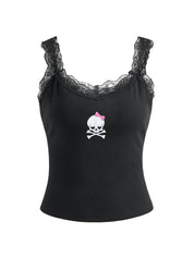 Skull Print Lace Trim Tank Top
