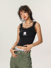 Skull Print Lace Trim Tank Top