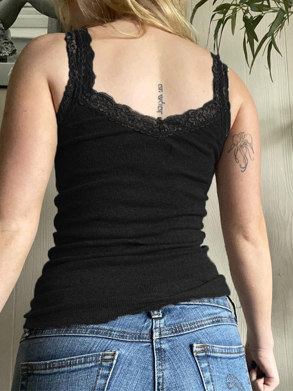 Skull Print Lace Trim Tank Top