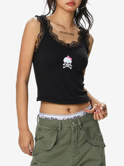 Skull Print Lace Trim Tank Top