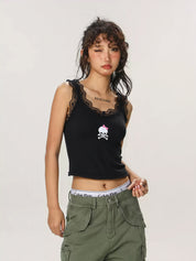 Skull Print Lace Trim Tank Top