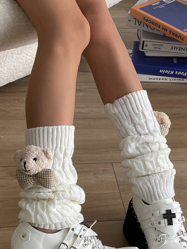 Twist Design Bear Decor Knit Leg Warmer