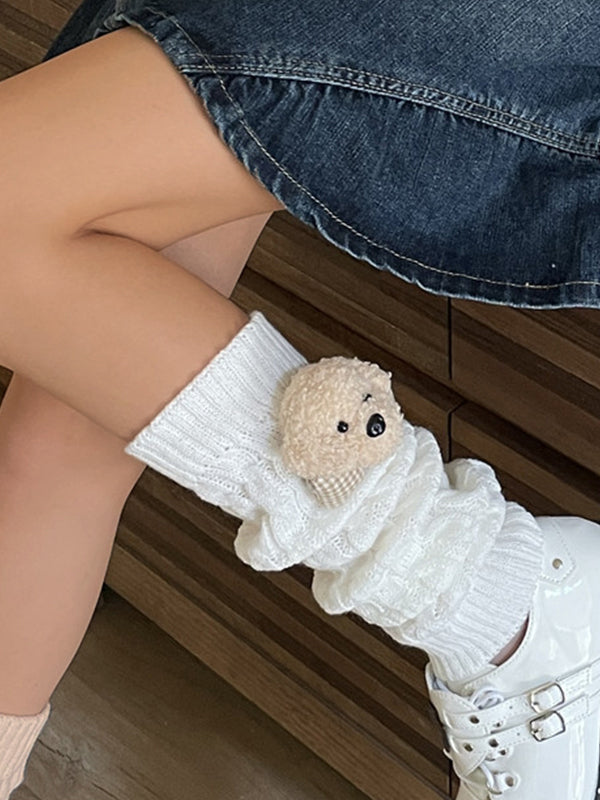 Twist Design Bear Decor Knit Leg Warmer