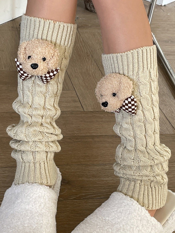 Twist Design Bear Decor Knit Leg Warmer