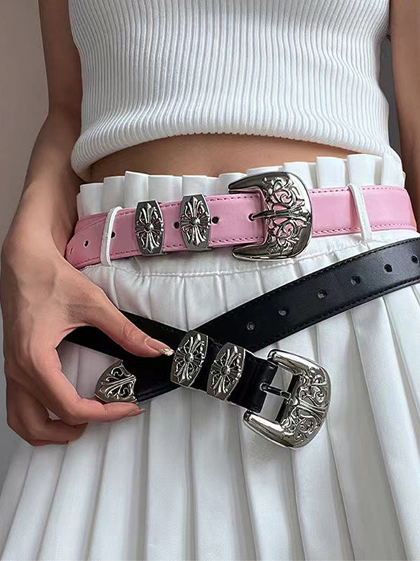 Engraved Cutout Cross Buckle Belt