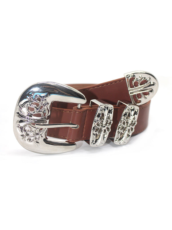 Engraved Cutout Cross Buckle Belt