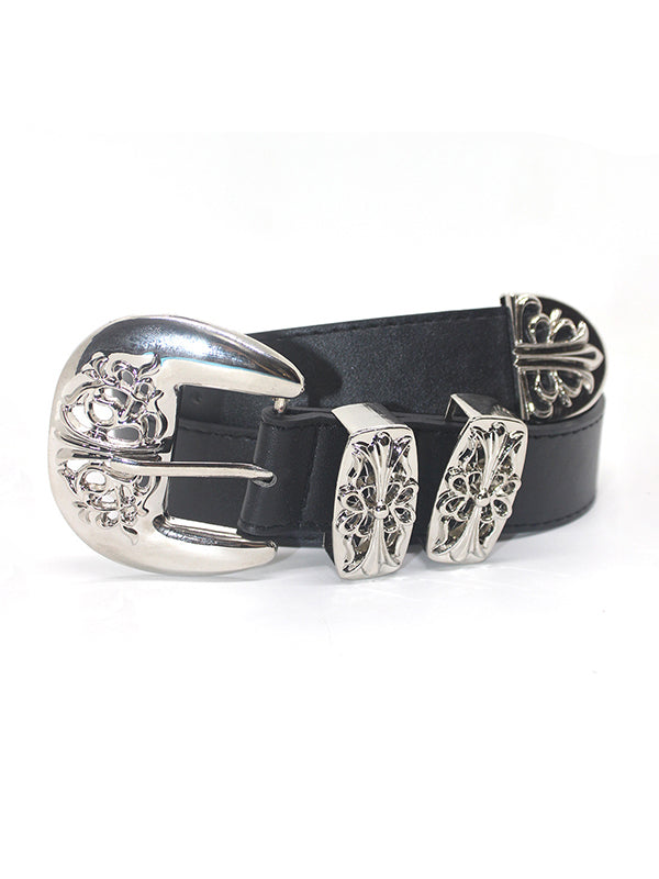 Engraved Cutout Cross Buckle Belt