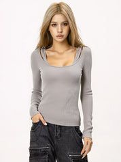 Rib Cold Shoulder Two Piece Long Sleeve Knit