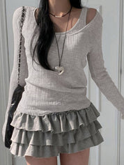 Rib Cold Shoulder Two Piece Long Sleeve Knit