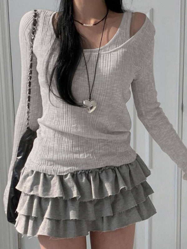 Rib Cold Shoulder Two Piece Long Sleeve Knit