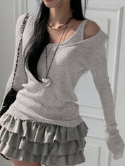 Rib Cold Shoulder Two Piece Long Sleeve Knit
