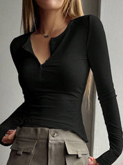 Solid Color Breasted V Neck Slim Long Sleeve Knit